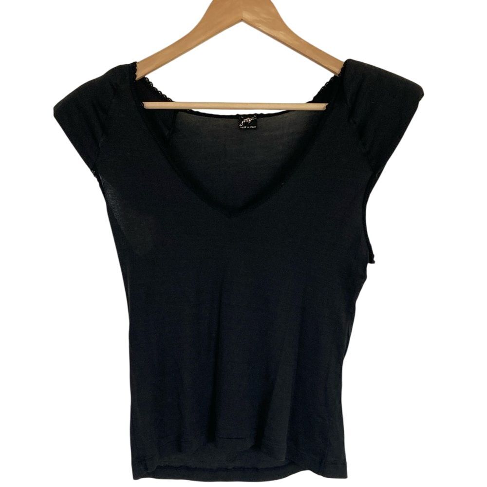 Gottex Womens Made in‎ Italy Shoulder Pad Tank Top L Black V Neck Cotton